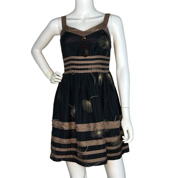 Anthropologie Burlapp Sz 2 Fit Flare 100% Silk Smocked Back Dress Black Beige - Picture 1 of 7